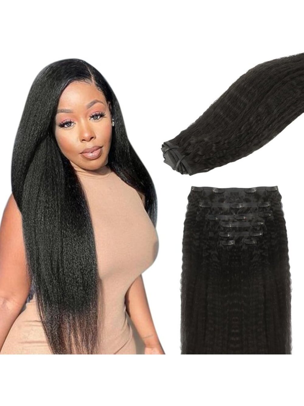 Seamless Clip-In Hair Extensions 22" Kinky Straight Real Human Hair 110g